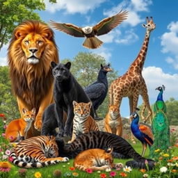 A lively gathering of animals in a vibrant natural setting