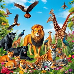 A lively gathering of animals in a vibrant natural setting