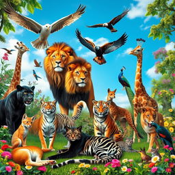 A lively gathering of animals in a vibrant natural setting