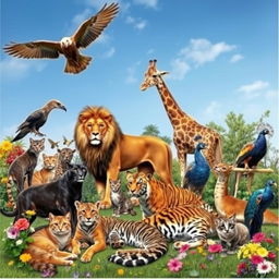 A lively gathering of animals in a vibrant natural setting