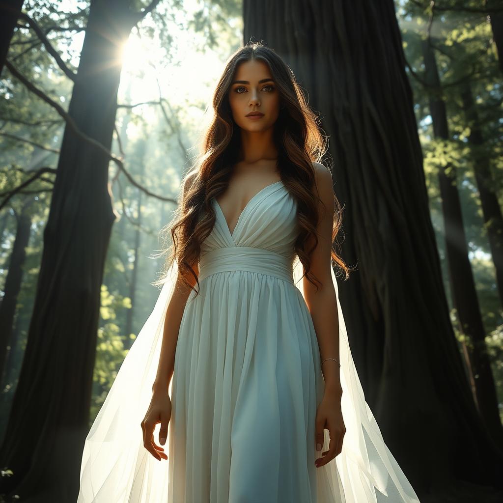A mesmerizing portrait of Soledad, an ethereal figure depicted in a flowing gown that seems to merge with the mist around her