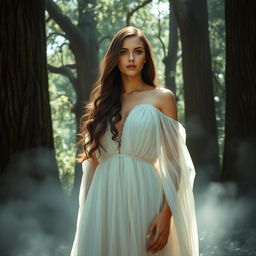 A mesmerizing portrait of Soledad, an ethereal figure depicted in a flowing gown that seems to merge with the mist around her