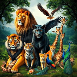 A majestic assembly of animals including a regal lion, a sleek black panther, a powerful tiger, a curious domestic cat, a soaring eagle, a cunning fox, a towering giraffe, and a vibrant peacock