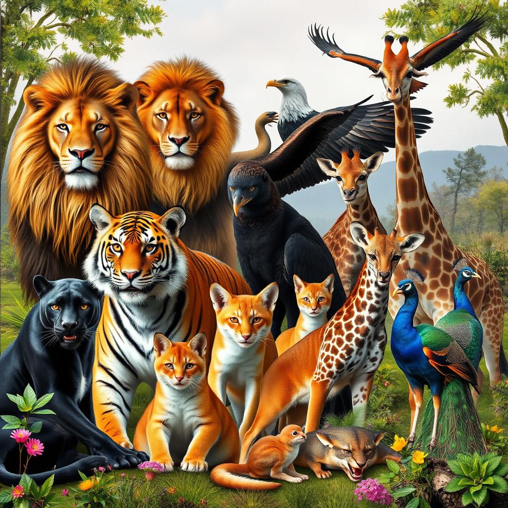 A majestic assembly of animals including a regal lion, a sleek black panther, a powerful tiger, a curious domestic cat, a soaring eagle, a cunning fox, a towering giraffe, and a vibrant peacock