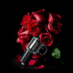 A captivating dark romance book cover featuring a bouquet of deep red roses intertwined with a sleek revolver