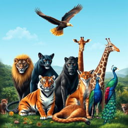 A majestic assembly of animals including a regal lion, a sleek black panther, a powerful tiger, a curious domestic cat, a soaring eagle, a cunning fox, a towering giraffe, and a vibrant peacock