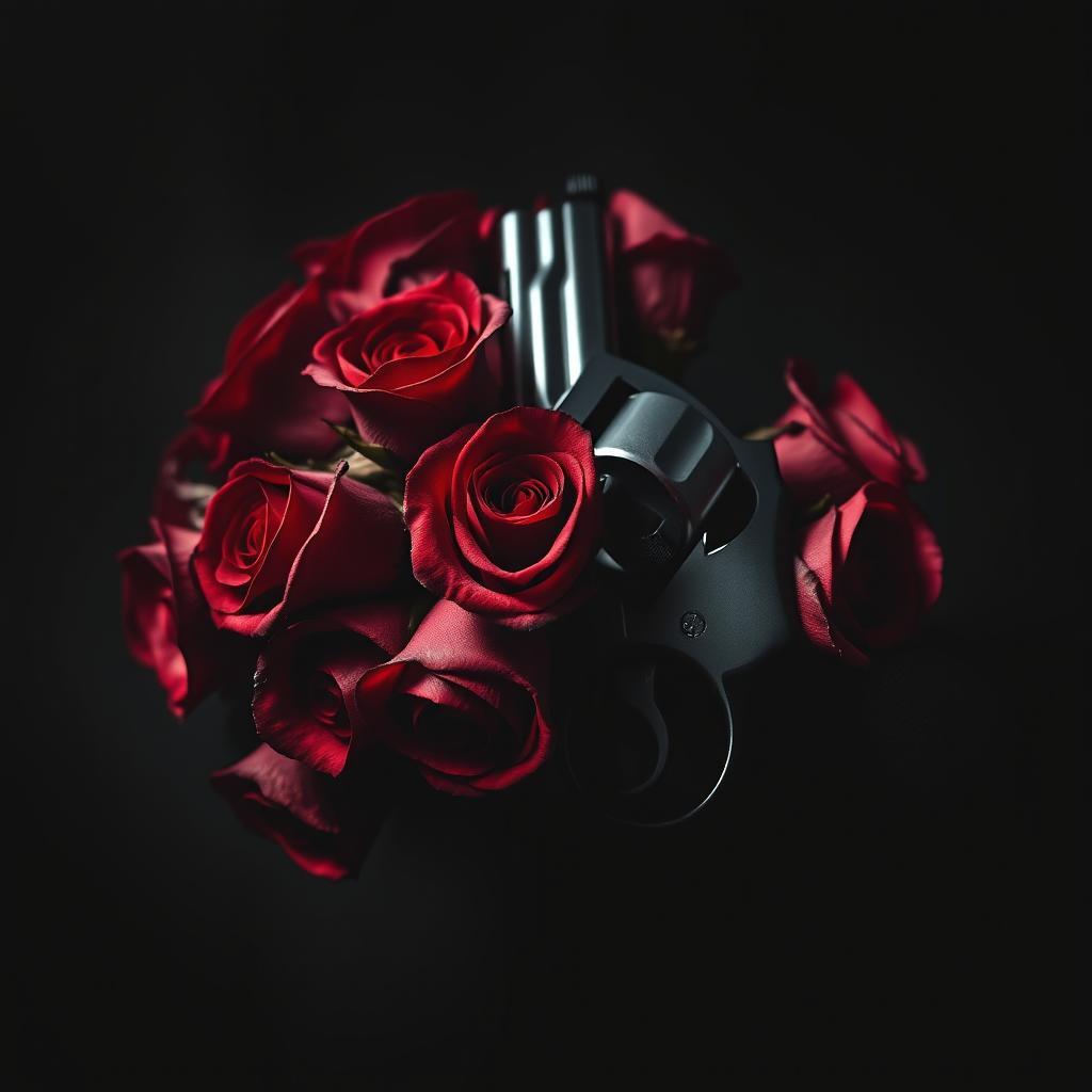 A captivating dark romance book cover featuring a bouquet of deep red roses intertwined with a sleek revolver