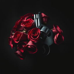 A captivating dark romance book cover featuring a bouquet of deep red roses intertwined with a sleek revolver