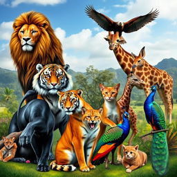 A majestic assembly of animals including a regal lion, a sleek black panther, a powerful tiger, a curious domestic cat, a soaring eagle, a cunning fox, a towering giraffe, and a vibrant peacock