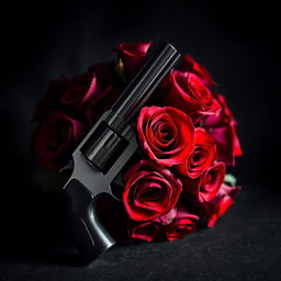 A captivating dark romance book cover featuring a bouquet of deep red roses intertwined with a sleek revolver