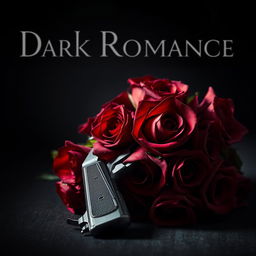 A captivating dark romance book cover featuring a bouquet of deep red roses intertwined with a sleek revolver