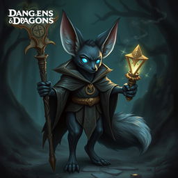 A half-undead black Fennec fox wizard standing confidently in a mystical Dungeons & Dragons setting