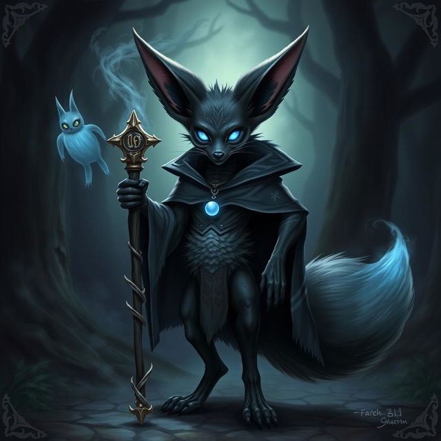 A half-undead black Fennec fox wizard standing confidently in a mystical Dungeons & Dragons setting