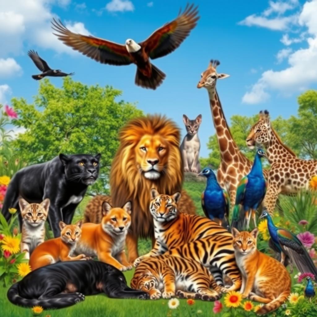 A lively gathering of animals in a vibrant natural setting