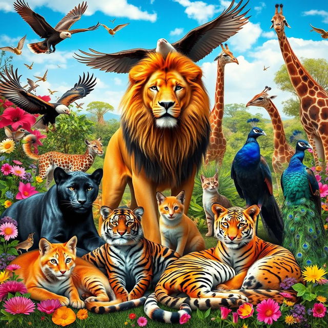 A lively gathering of animals in a vibrant natural setting