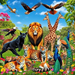 A lively gathering of animals in a vibrant natural setting