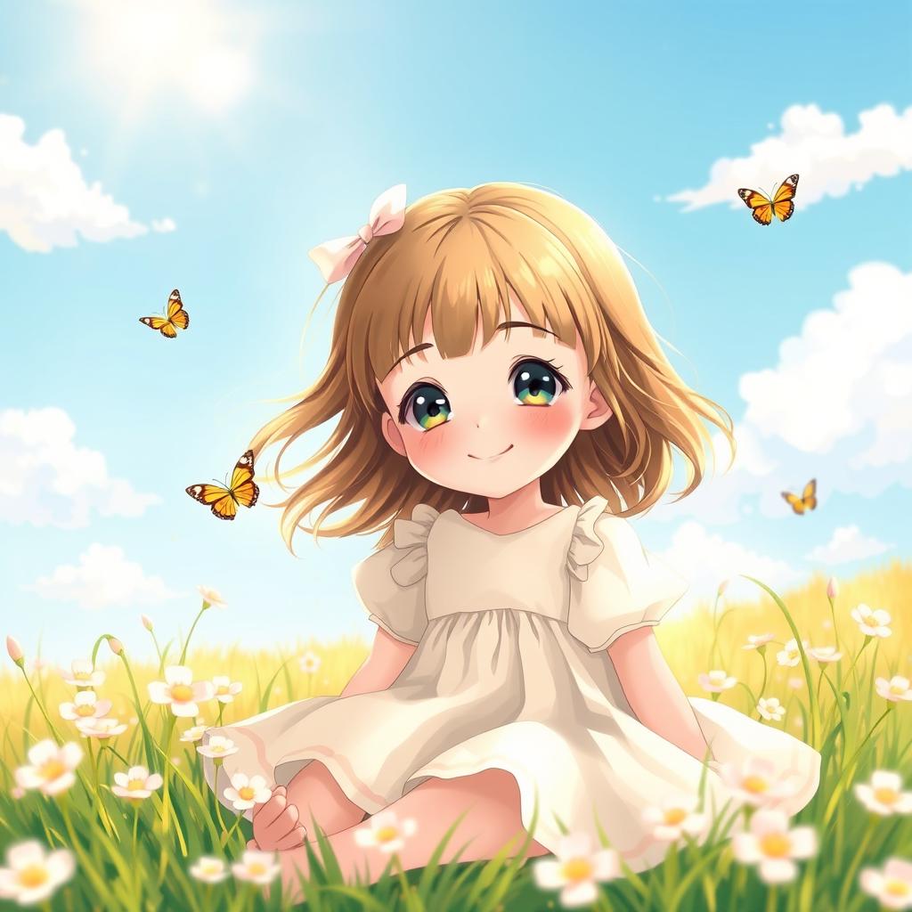 A cute girl sitting in a sunlit meadow, with blossoms around her, wearing a pastel-colored dress and a gentle smile