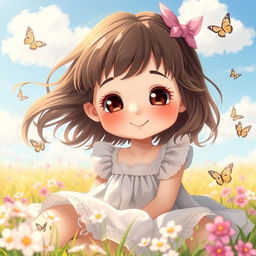 A cute girl sitting in a sunlit meadow, with blossoms around her, wearing a pastel-colored dress and a gentle smile