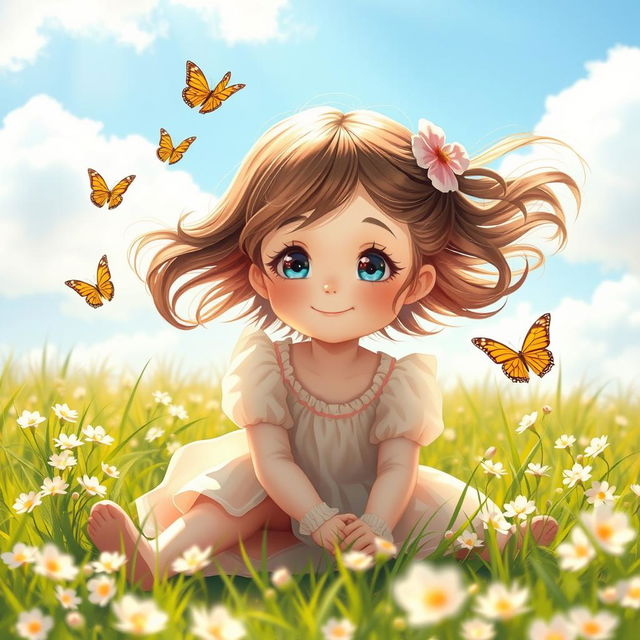 A cute girl sitting in a sunlit meadow, with blossoms around her, wearing a pastel-colored dress and a gentle smile