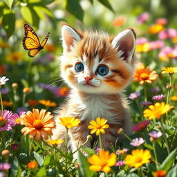 A cute playful kitten with big round eyes and fluffy fur, sitting in a field of colorful wildflowers, with a gentle breeze making the flowers sway