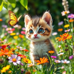 A cute playful kitten with big round eyes and fluffy fur, sitting in a field of colorful wildflowers, with a gentle breeze making the flowers sway