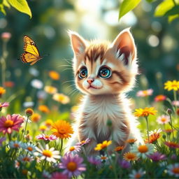 A cute playful kitten with big round eyes and fluffy fur, sitting in a field of colorful wildflowers, with a gentle breeze making the flowers sway