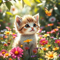 A cute playful kitten with big round eyes and fluffy fur, sitting in a field of colorful wildflowers, with a gentle breeze making the flowers sway