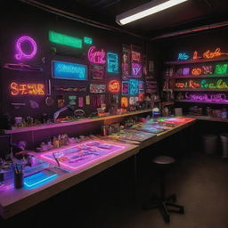 An intricately designed workspace for a neon flex sign workshop, featuring an array of colorful, glowing neon signs, tools, drafting tables, and a well-organized work station.