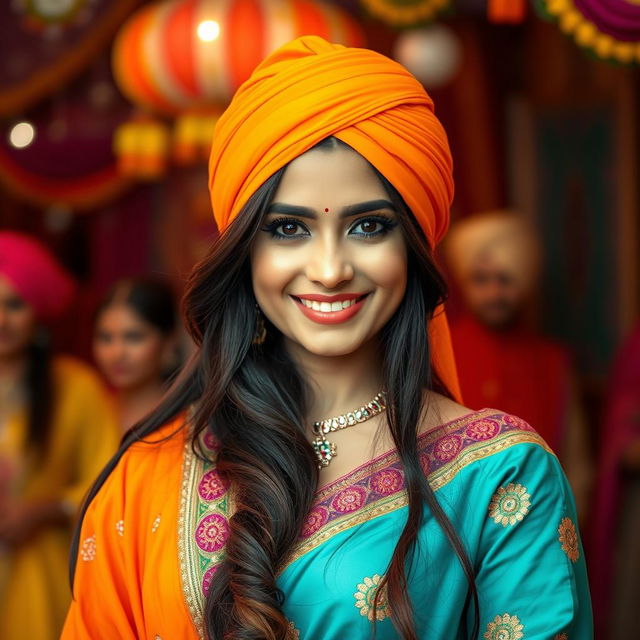 Stunning Sikh woman with traditional ethnic wear, featuring vibrant Punjabi attire