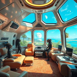 The spaceship room of an alien civilization, featuring a high-tech, uniquely designed interior