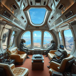 The spaceship room of an alien civilization, featuring a high-tech, uniquely designed interior