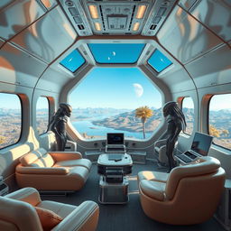 The spaceship room of an alien civilization, featuring a high-tech, uniquely designed interior