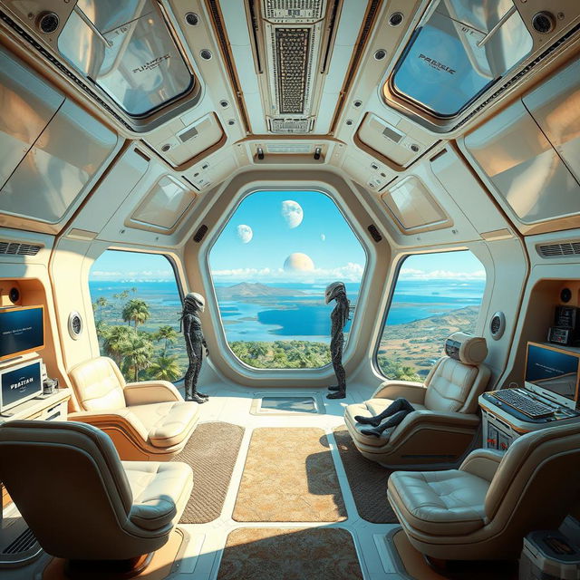 The spaceship room of an alien civilization, featuring a high-tech, uniquely designed interior