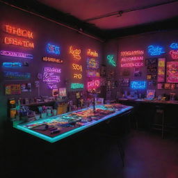 An intricately designed workspace for a neon flex sign workshop, featuring an array of colorful, glowing neon signs, tools, drafting tables, and a well-organized work station.