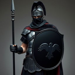 A Roman Guardsman stands imposingly, wrapped in the mystery of his dark attire