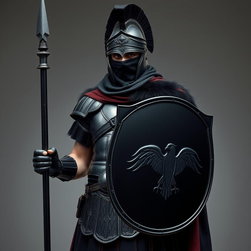 A Roman Guardsman stands imposingly, wrapped in the mystery of his dark attire