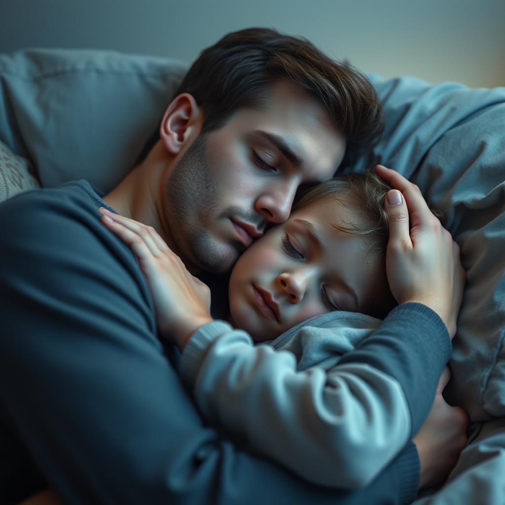 A peaceful scene featuring a young man sleeping soundly, nestled in his partner's arms