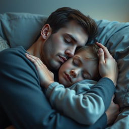 A peaceful scene featuring a young man sleeping soundly, nestled in his partner's arms