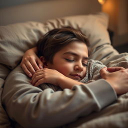 A peaceful scene featuring a young man sleeping soundly, nestled in his partner's arms