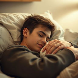 A peaceful scene featuring a young man sleeping soundly, nestled in his partner's arms