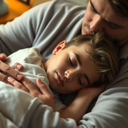 A peaceful scene featuring a young man sleeping soundly, nestled in his partner's arms