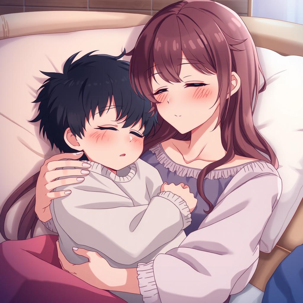 Anime scene depicting a serene moment with a boy peacefully sleeping in his girlfriend's arms