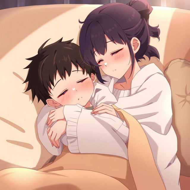 Anime scene depicting a serene moment with a boy peacefully sleeping in his girlfriend's arms