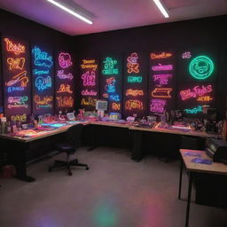 An intricately designed workspace for a neon flex sign workshop, featuring an array of colorful, glowing neon signs, tools, drafting tables, and a well-organized work station.