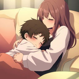 Anime scene depicting a serene moment with a boy peacefully sleeping in his girlfriend's arms