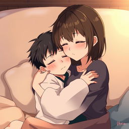 Anime scene depicting a serene moment with a boy peacefully sleeping in his girlfriend's arms