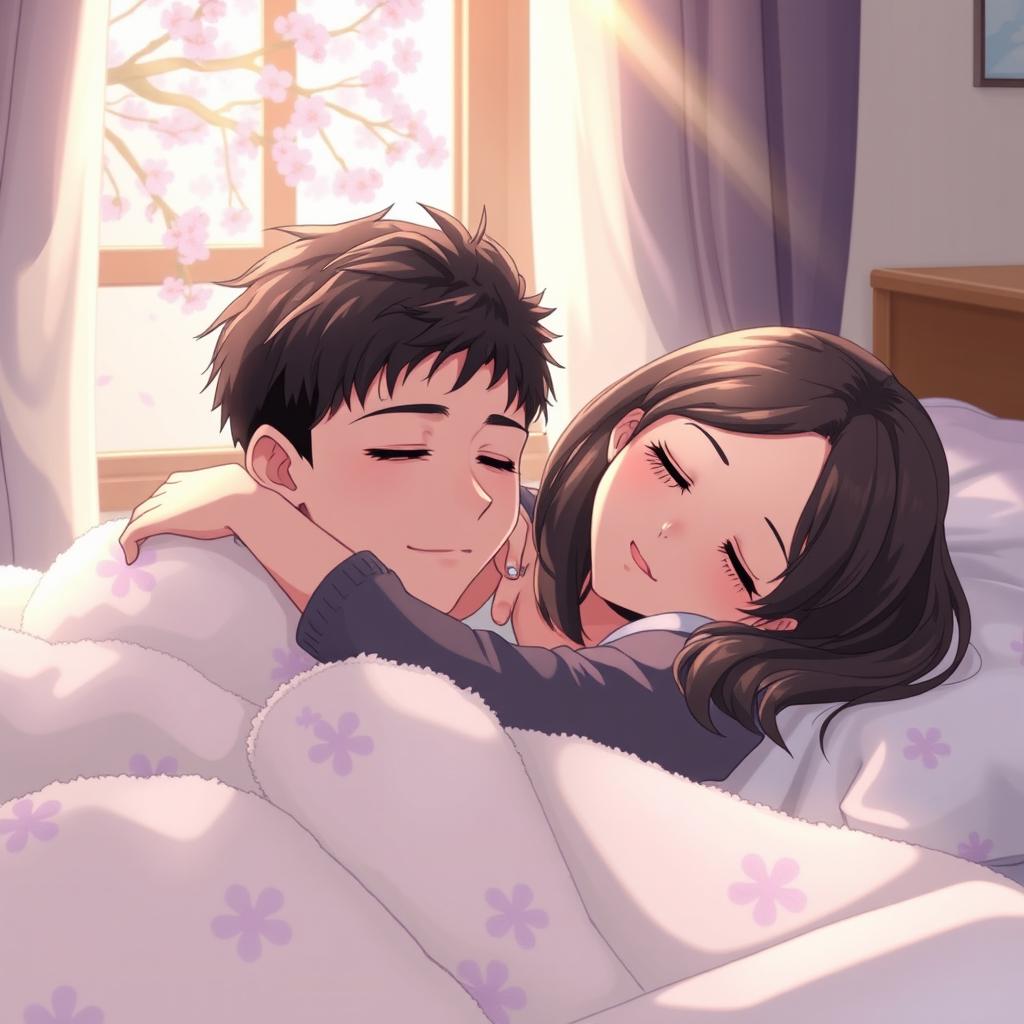 A serene anime scene depicting a husband sleeping peacefully in the arms of his girlfriend