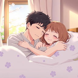 A serene anime scene depicting a husband sleeping peacefully in the arms of his girlfriend