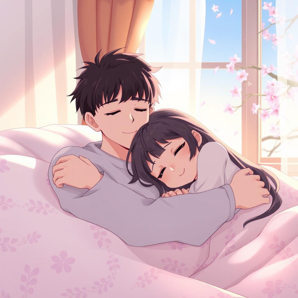 A serene anime scene depicting a husband sleeping peacefully in the arms of his girlfriend