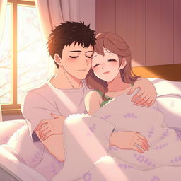 A serene anime scene depicting a husband sleeping peacefully in the arms of his girlfriend